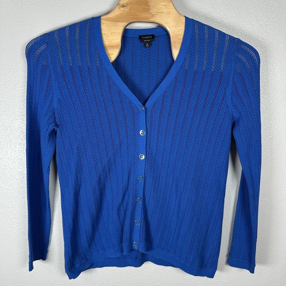 Talbots Cardigan Womens XL Cobalt Blue Button Up Pima Cotton Open Pointelle Knit